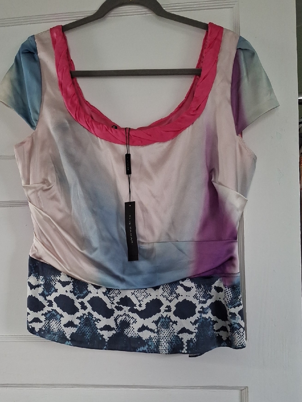 Elie Tahari Pink Scoop-Neck Ombre Silk Blouse with Blue Patterned Hem
